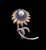 A cultured pearl, sapphire and diamond flower brooch