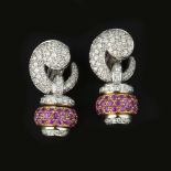 A pair of diamond and pink sapphire earrings