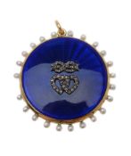 An enamel, diamond and pearl locket pendant