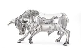 A Mexican silver over copper and resin core figure of a bull by D'Argenta