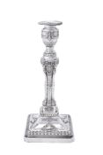 A silver canted-square columnar candlestick by Barker Ellis Silver Co.
