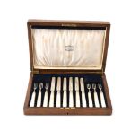 ϒ A set of six silver and mother of pearl fruit knives and forks by James Dixon & Sons Ltd