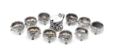 A set of ten late Victorian silver cauldron salts and a drum mustard pot by Charles Stuart Harris