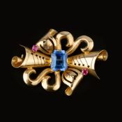A 1940s Portuguese synthetic blue spinel and synthetic ruby brooch