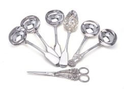 A late George III silver grape scissors and other flatware