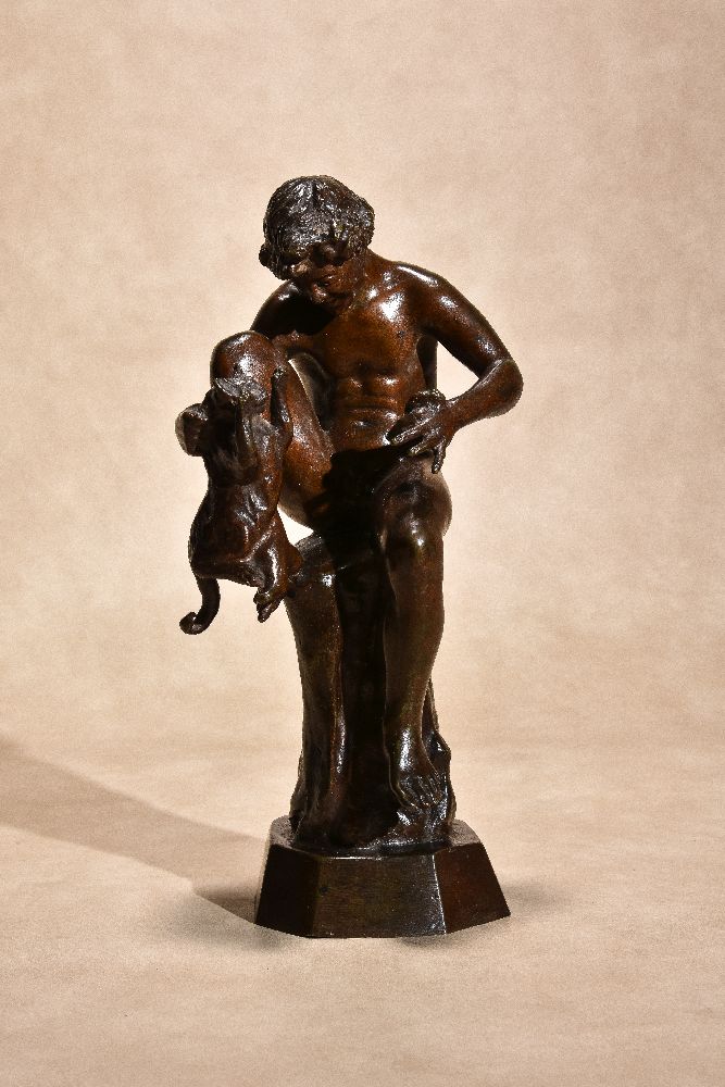 Vincenzo Alfano, (Italian, ca. 1854 - 1897), a patinated bronze model of a boy with a cat and a mous - Image 2 of 5