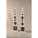 A pair of sample marble and hardstone inset white marble obelisks in Grand Tour style