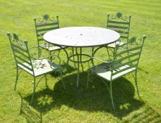A suite of painted metal garden dining furniture,