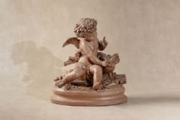 After Jean-Baptiste Pigalle, (French 1714 - 1785), a sculpted terracotta model of Cupid with a dove,
