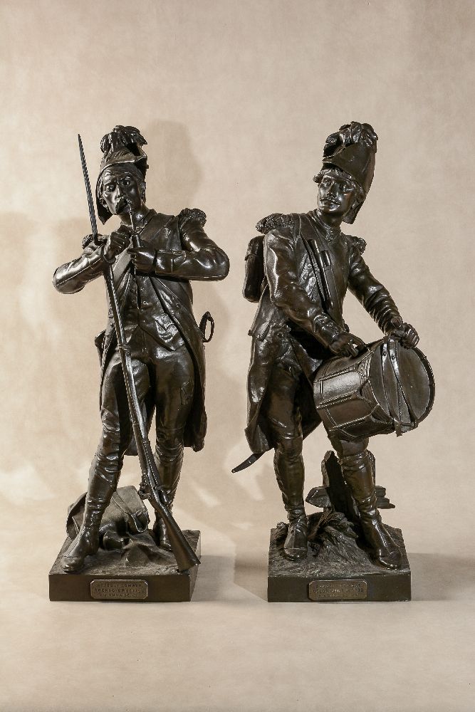 Henry Étienne Dumaige, (French 1830 - 1888), a pair of patinated bronze models of infantrymen,