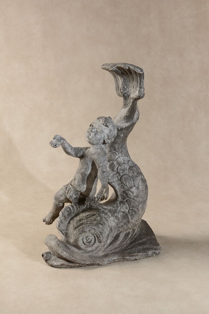A lead fountain group of a putto riding a dolphin - Image 2 of 4