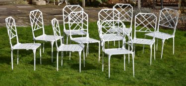 Ten white painted metal garden dining chairs in Chinese Chippendale style