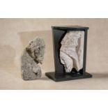 A sculpted limestone architectural fragment with the profile visage of a bearded man,