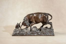 Charles Valton, (French 1851 - 1918), a patinated bronze group of a cow and a hound,