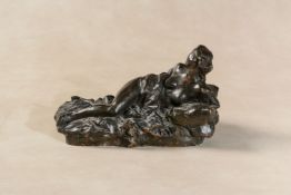 Aimé-Jules Dalou, (French 1838 - 1902), Reclining female nude, patinated bronze,