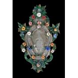 A pair of Italian almost certainly Murano coloured, clear and etched glass marginal wall mirrors, in