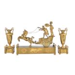 A French Empire style gilt bronze figural mantel clock garniture 'The Chariot of Telemachus'. The cl