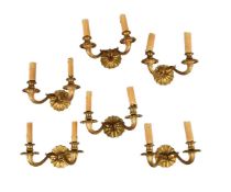 A set of six Continental gilt bronze twin light wall appliques