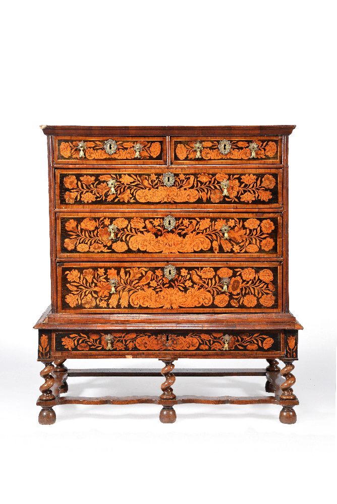 A William & Mary walnut, ebonised and marquetry decorated chest on stand, circa 1690