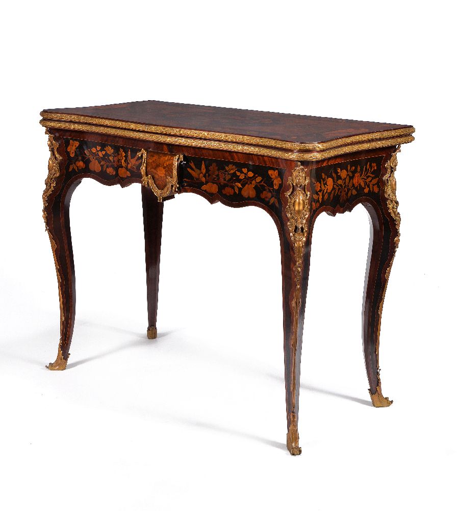 A Continental tulipwood, marquetry and gilt metal mounted card table