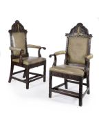 A pair of George III mahogany and parcel gilt Masonic ceremonial armchairs