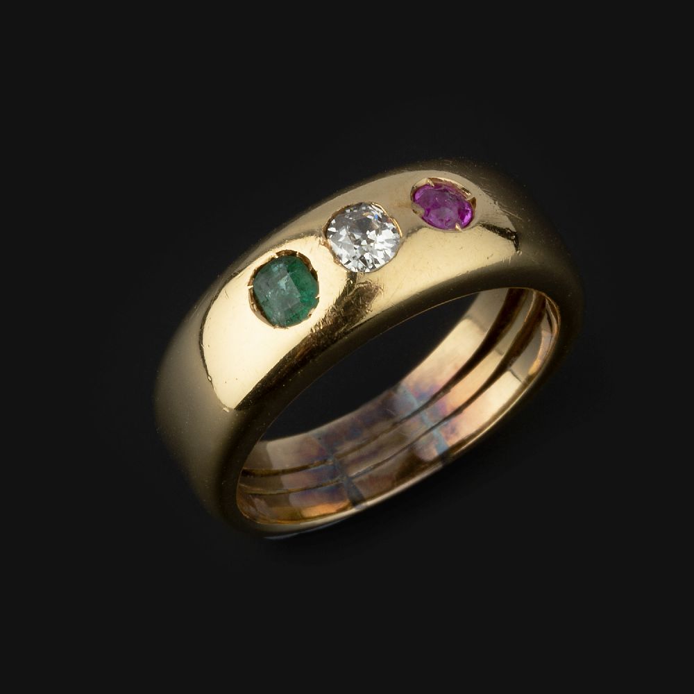 A ruby, diamond and emerald ring