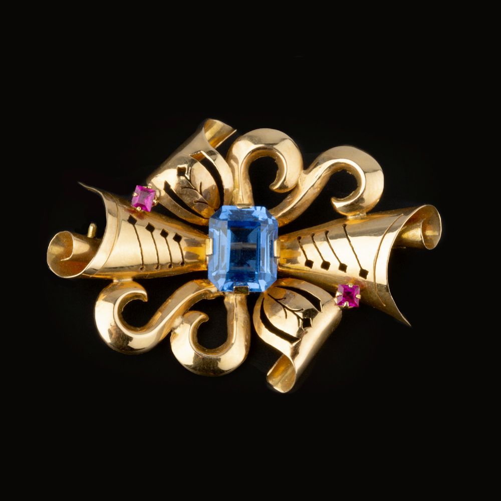 A 1940s Portuguese synthetic blue spinel and synthetic ruby brooch