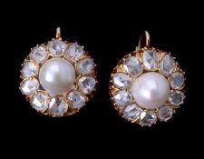 A pair of natural blister pearl and diamond cluster ear pendants