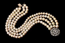 A cultured pearl four row necklace with Victorian diamond clasp