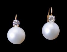 A pair of diamond and South Sea cultured pearl earrings
