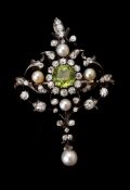 A late Victorian diamond, peridot and pearl pendant