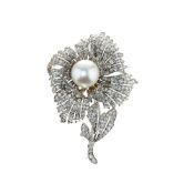 A diamond and South Sea cultured pearl flower brooch