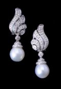 A pair of diamond and South Sea cultured pearl ear pendants