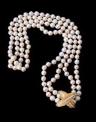 A two row cultured pearl necklace to a gold coloured diamond set clasp