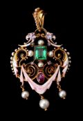 A late 19th century multi gem enamelled pendant