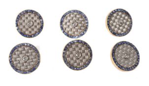A set of six early 20th century French two colour diamond and sapphire dress buttons
