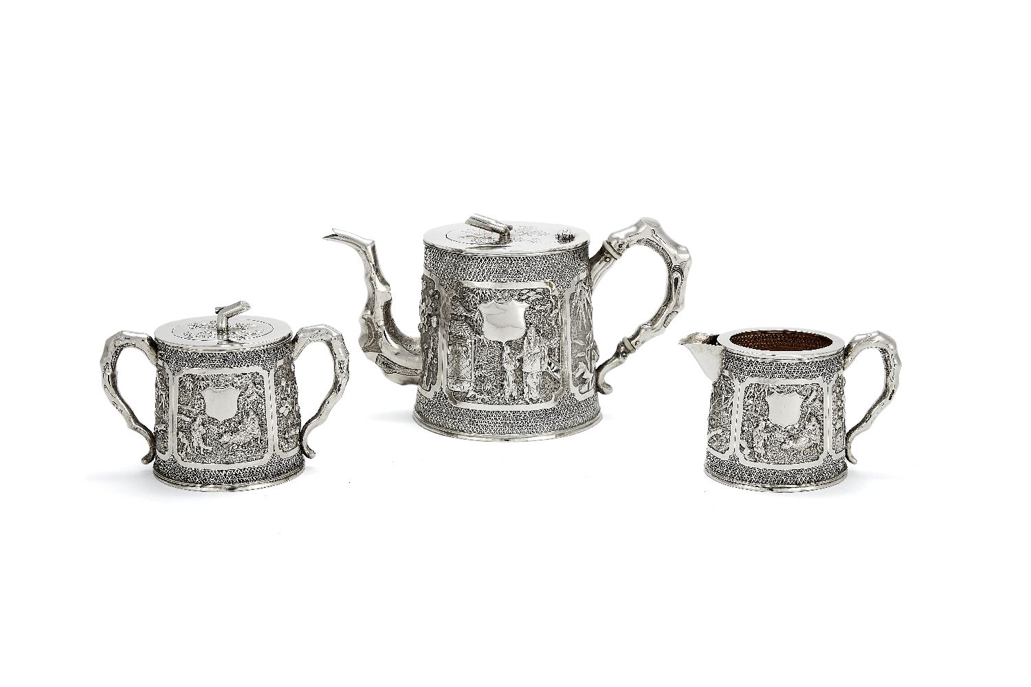 ϒ A Chinese export silver three piece tea service