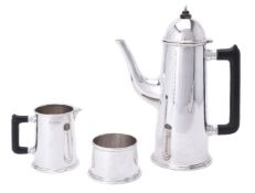 A silver plain straight-tapered three piece coffee service by Theo Fennell