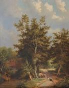 Attributed to Henry John Boddington (English 1811-1865)Woodland path with cottage and figures fishin