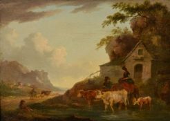 Follower of Julius Caesar Ibbetson Drover and cattle with figures beside water