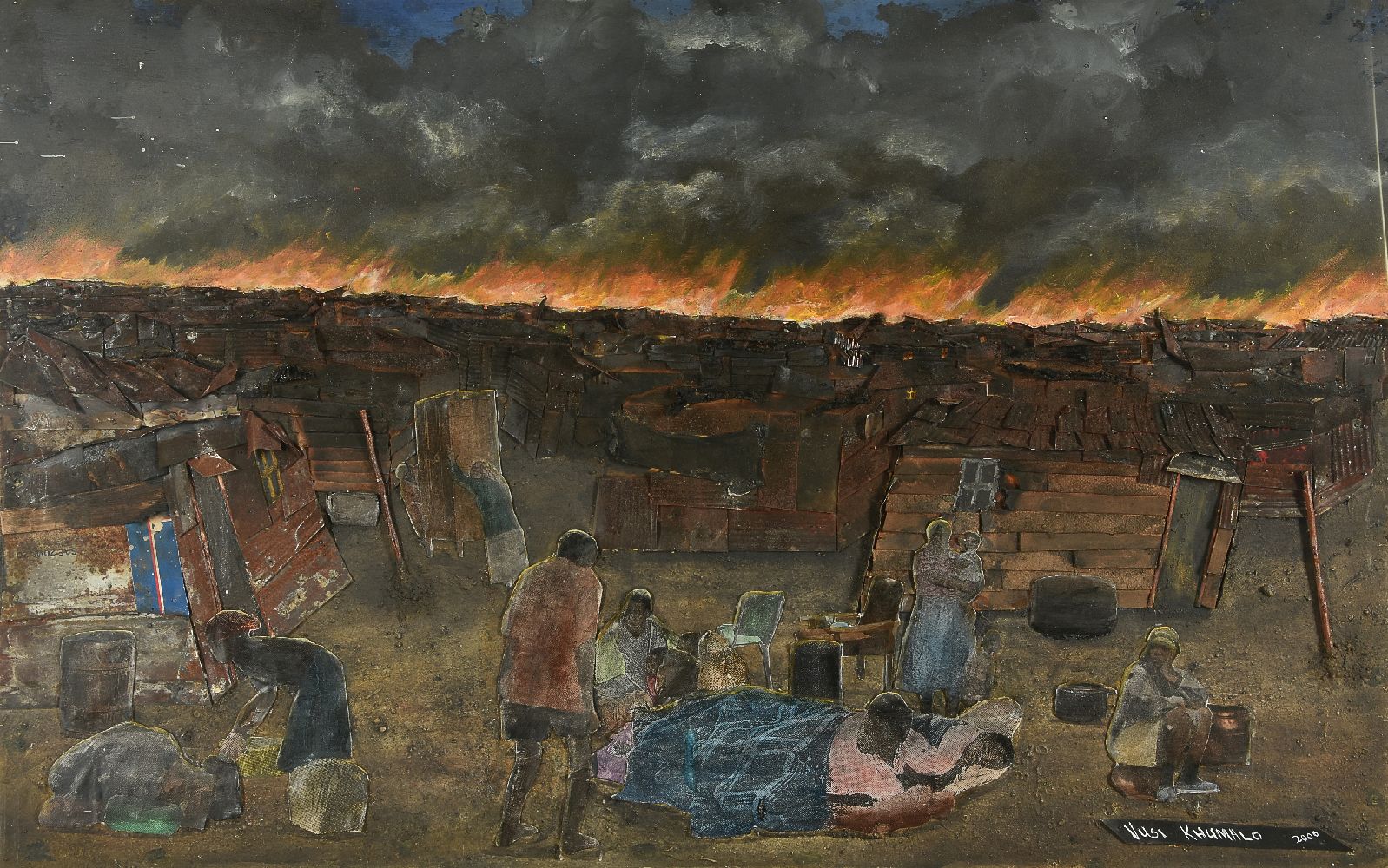 Vusi Khumalo (South African b.1951)Fire at Crossroad in Formal Settlement