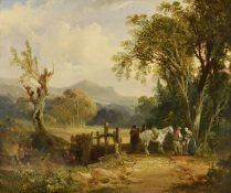 Attributed to Henry Shayer (British 1825-1894)A woody landscape with peasants and a white horse