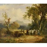 Attributed to Henry Shayer (British 1825-1894)A woody landscape with peasants and a white horse