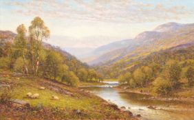 Alfred Augustus Glendening (British 1840-1910)Highland river landscape with fishermen in the foregro