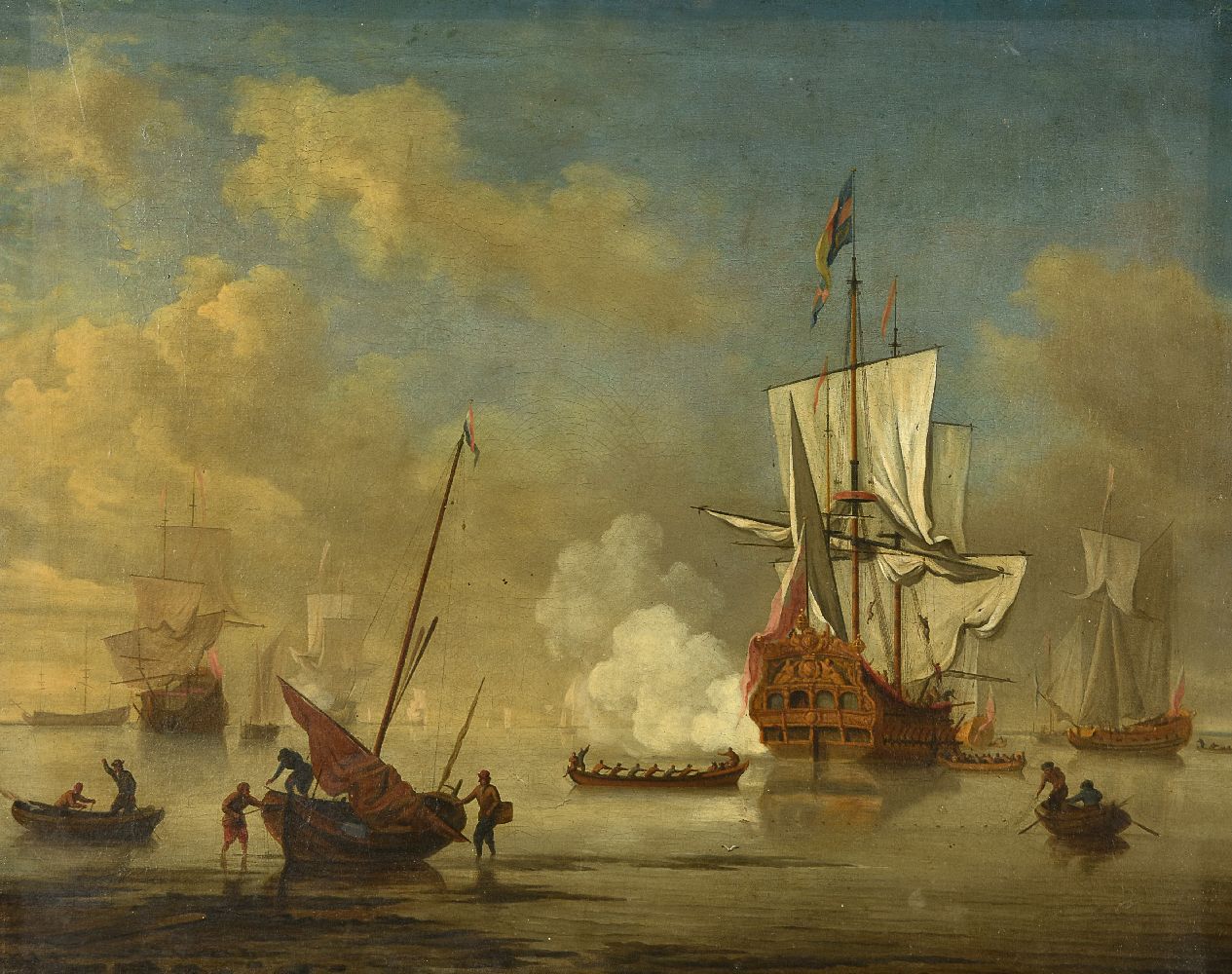 Circle of Peter Monamy (British 1689-1749)Royal Man o'war ship fire a gun salute