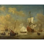 Circle of Peter Monamy (British 1689-1749)Royal Man o'war ship fire a gun salute