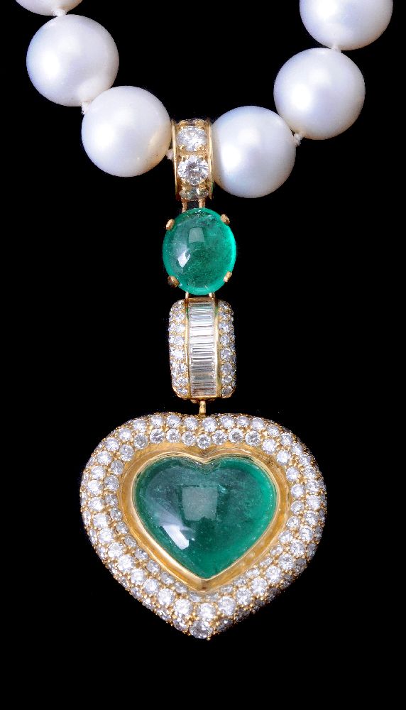 A cultured pearl, emerald and diamond necklace - Image 2 of 2