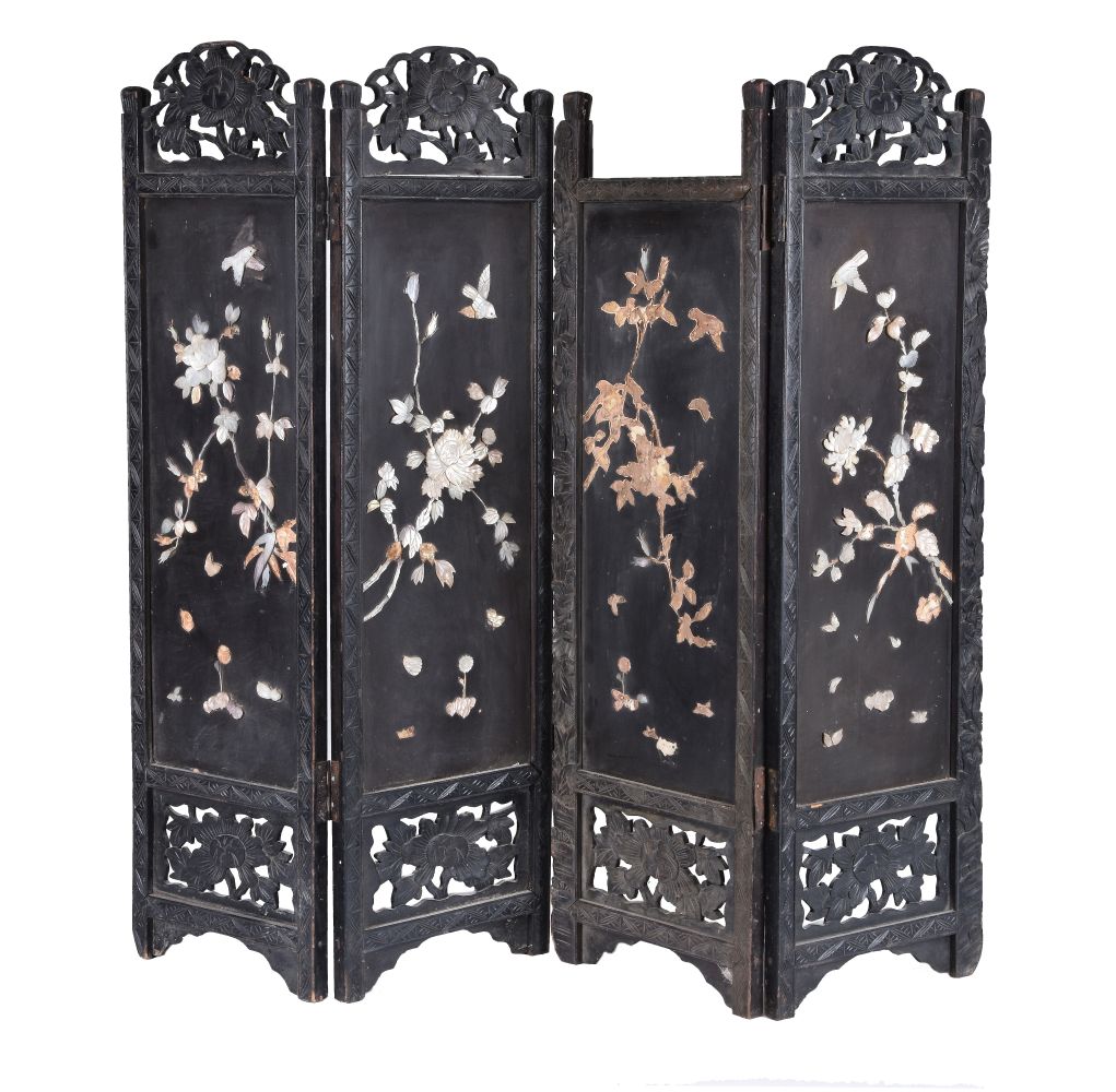 ϒ A Chinese ebonised hardwood and mother-of -pearl inlaid four-fold screen