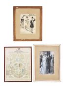 A quantity of decorative pictures comprising three original figurative sketches in monochrome