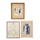 A quantity of decorative pictures comprising three original figurative sketches in monochrome